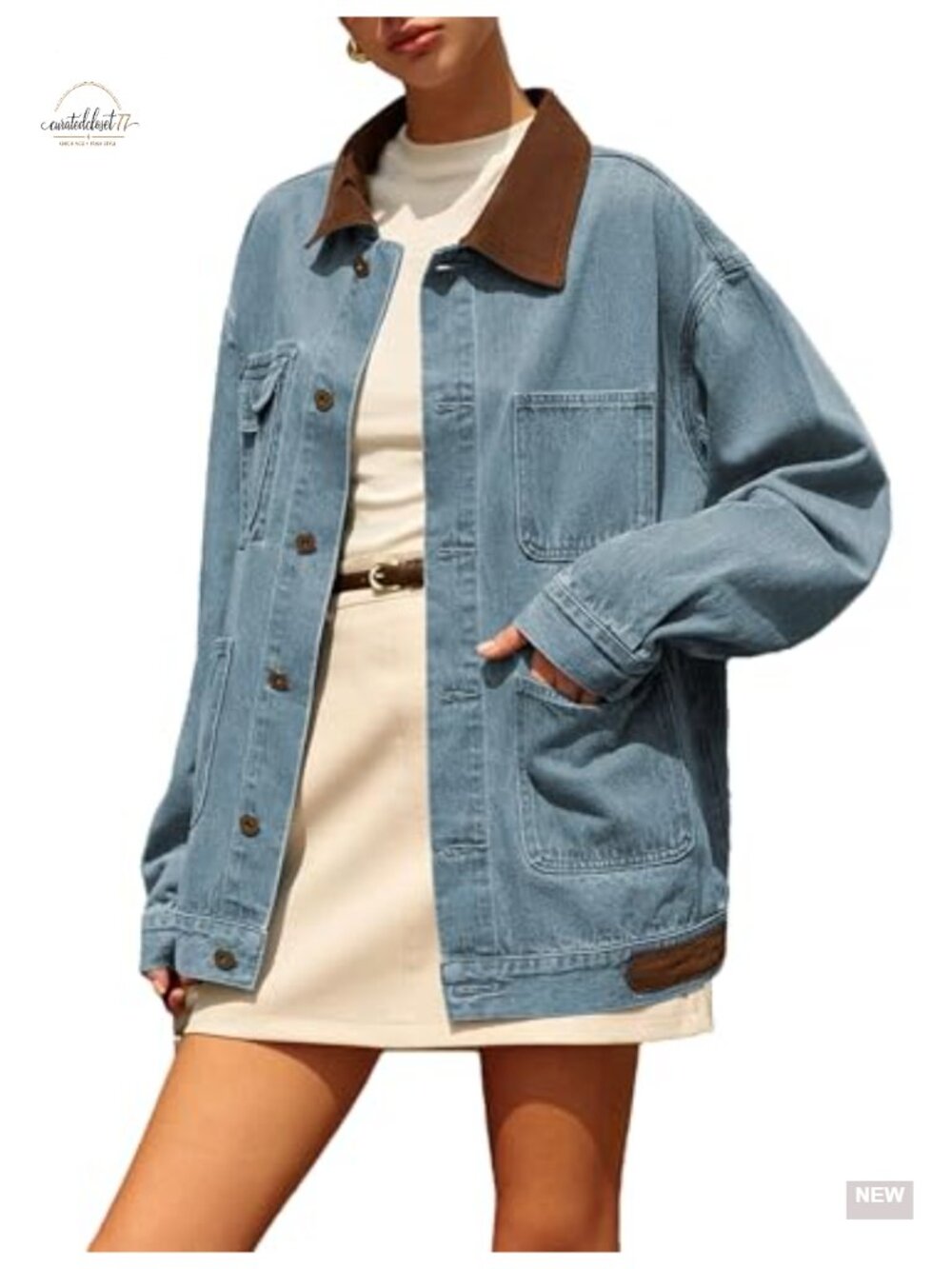 Oversized Contrast Collar Denim Shacket with Pockets
